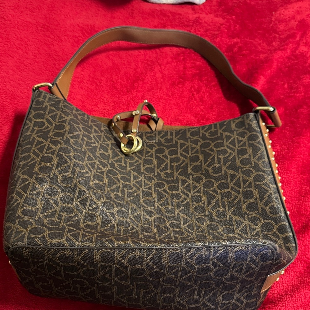 Calvin Klein Black and Brown Monogram Shoulder Bag